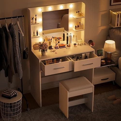 Furmax Make up Vanity Desk with Mirror and Power Outlet, Vanity with 3 Color Light Options Adjustable Brightness,Vanity Desk with 2 Drawers, 6 Storage Shelves (White, with Bench) thumbnail 7