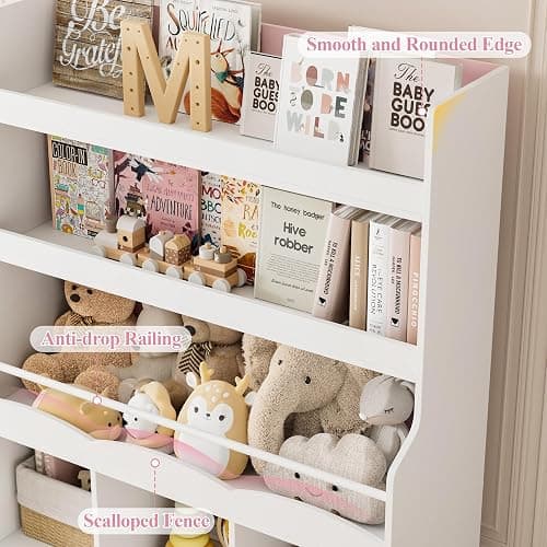 HITHOS 55.3"H Kids Bookshelf with Toy Storage Organizer, Tall Book Shelf with 3 Mobile Toy Storage Bins, Large Kids Bookcase with Toy Chest, 39.2"W Modern Toy Box for Kid Room, Playroom, Pink, White thumbnail 6