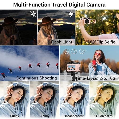 Digital Camera, FHD 4K 75MP WiFi Vlogging Video Camera for YouTube with 3'' 180°Flip Screen, 64GB SD Card, 16x Digital Zoom, 2 Batteries, Point and Shoot Digital Camera for Beginner (Pink) thumbnail 7