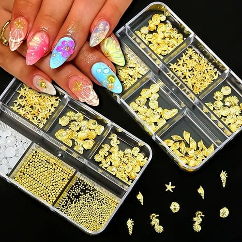 SHUXILIN 2Boxes Summer Steel Studs Metal Pearls Nail Gems Charms Metal Small Seashell Starfish Alloy Seahorse Nail Rhinestones Charms for Acrylic Nail Art Marine Theme Nail Supplies for Women Manicure thumbnail 2