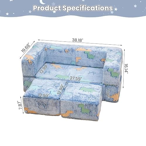 furlinkhm Toddler Couch, Glow in The Dark Kids Play Couch Toddler Fold Out Couch, Kids Fold Out Couch for playroom, Convertible Baby Fold Out Play Foam and Floor Cushion for Bedroom, Blue+Dinosaur - Blue+dinosaur - Toddler Couch thumbnail 3