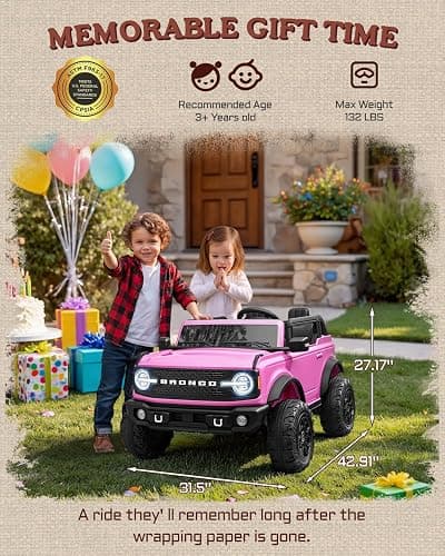 First Ride On 24V Ride on Toys for Big Kids, Licensed Ford Bronco Base 2 Seater Ride on Car with Remote Control, Girl Ride on Truck w/Seat Belts, 3 Speeds, Spring Suspension and Bluetooth (Pink) thumbnail 8
