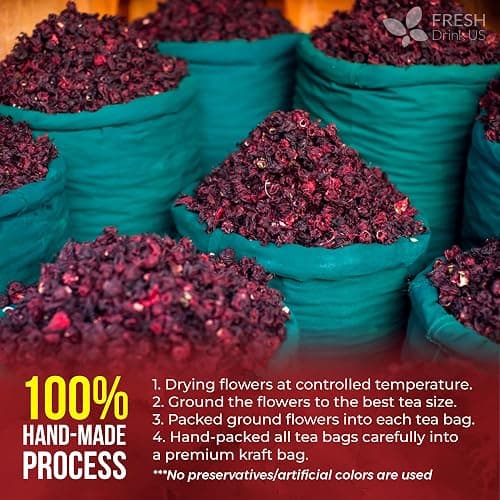 FreshDrinkUS, Premium 140 Hibiscus Flowers Tea Bags, 100% Natural, Handmade & Pure from Hibiscus Flowers. No Sugar/Caffeine/Gluten, Vegan. Tart & Refreshing, Hot or Ice Tea, Great For All Seasons thumbnail 8