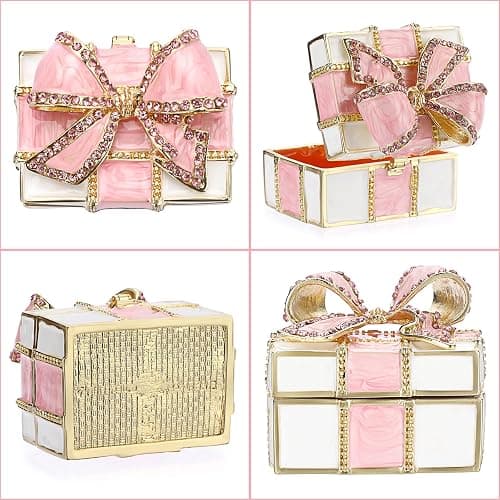 ❤️ELLDOO Mini Trinket Box, Bow-knot Gift Box Style Hinged Jewelry Box Vintage Metal Enameled Decorative Box Ring Earrings Jewelry Organizer Gift Box for Women Girls, Pink thumbnail 4