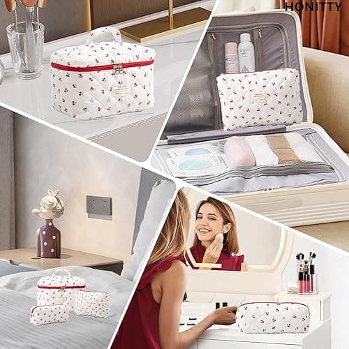 Makeup Bag,Quilted Cosmetic Bags,Large Floral Make Up Organize bag,Makeup Bag Set for Women,Flower Travel Toiletry Bag - Cherry-2 thumbnail 6
