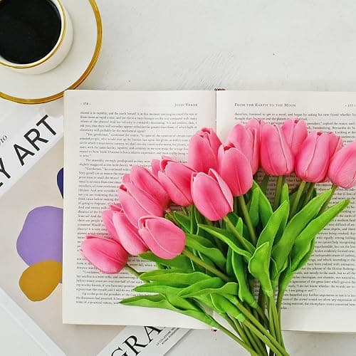 ONLY ART Artificial Pink Tulips 20 Pcs – 13.5 Inch PU Faux Flowers with Bendable Stems for Home Décor, Wedding Centerpieces, DIY Floral Arrangements, New Year and Valentine's Day thumbnail 7