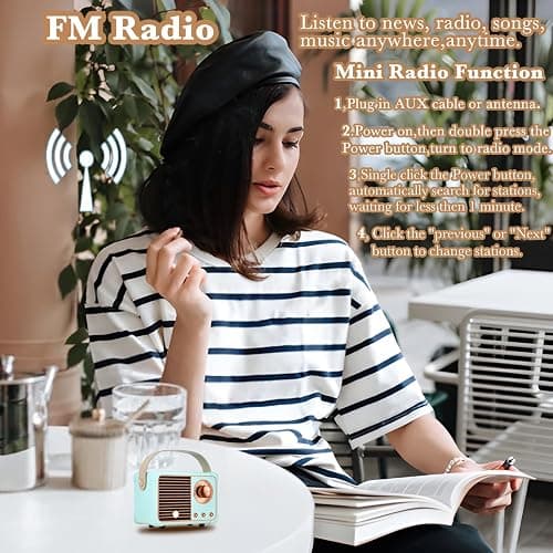 QUEQIMU Retro Bluetooth Speaker, Wireless Mini Portable Speakers Support USB/TF Card/AUX, Vintage Decor, Retro Radio Bluetooth Speaker for Kitchen Desk Bedroom Office Outdoor, Gifts for Teens, Blue thumbnail 4