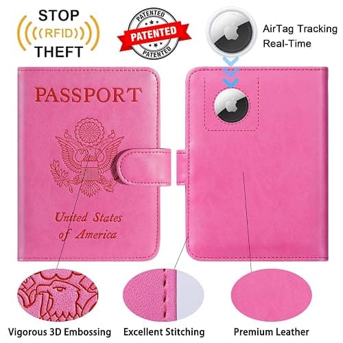 Airtag Passport Holder Cover Wallet RFID Blocking Leather Case Travel Essentials Luggage Accessories Travel Must Have(118#Pink) thumbnail 3