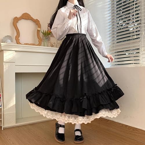 Manniduole Women's Cute High Waist Maxi Skirt - Renaissance, Ruffle, Flowing Long Victorian Skirt thumbnail 5