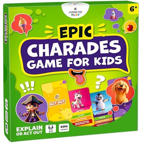 Epic Charades Game for Kids Ages 6+ – 200 Act Out & Explain Cards with Illustrations & Timer – Fun Educational Game for Family, Party, Classroom & Travel - Image 1