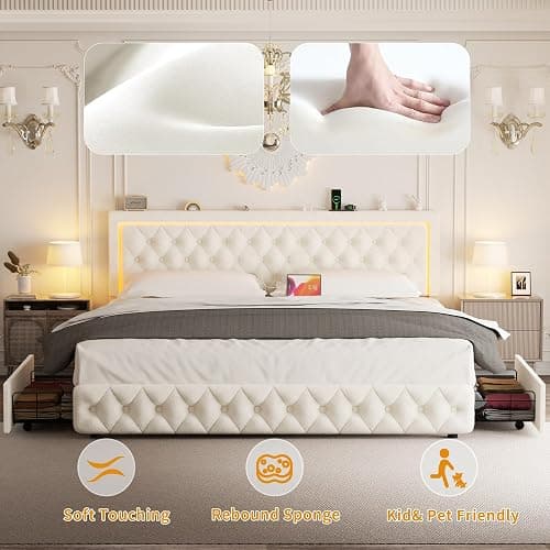 VOHOBY King Bed Frame with 4 Storage Drawers, Velvet Upholstered Bed Frame King Size with Charging Station and LED Lights, 46" Adjustable Button Tufted Headboard, No Box Spring Needed, Beige thumbnail 4