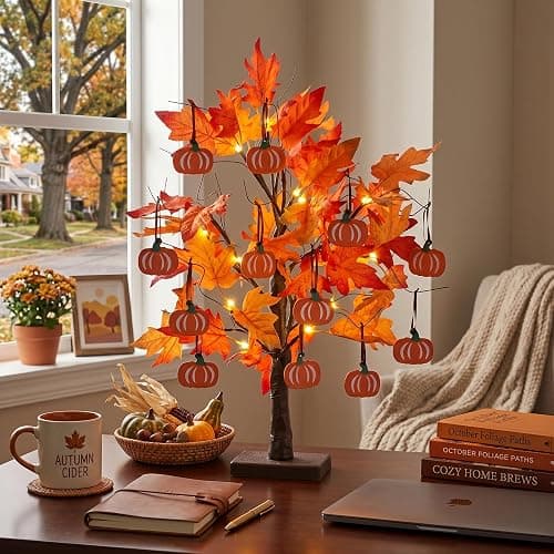 hogardeck Fall Decorations for Home, Thanksgiving Decorations, 24”2FT Lighted Maple Leaves Tree with 24 LEDs & 12 Wood Pumpkin Ornaments, Battery Powered Timer Artificial Trees for Autumn Table Decor thumbnail 8