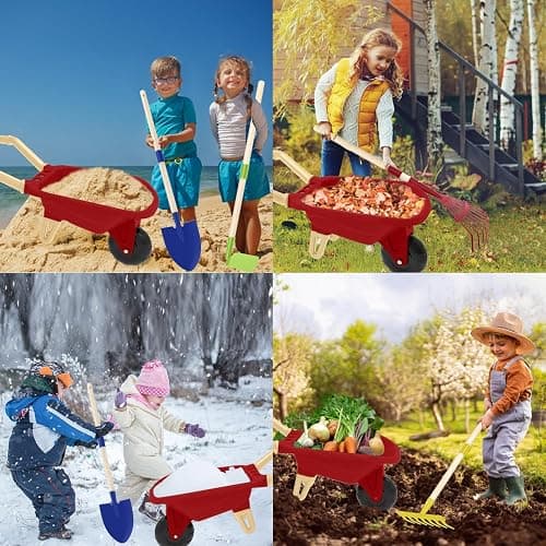 Qtioucp Kids Gardening Tools Outdoor Toys Set Backyard Play with Wheelbarrow Educational STEM Learning Pretend Toys Outdoor Indoor for Toddlers Kids Boys Girls (Red Wheelbarrow Set) thumbnail 5