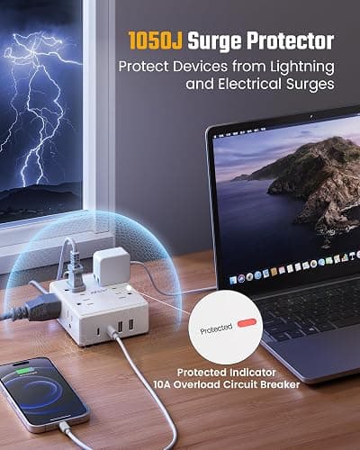 10Ft Extension Cord with Multiple Outlets, Flat Plug Surge Protector Power Strip 10 Ft Long Cord, 8 Outlets & 4 USB Ports (2 USB C), Desk Charging Station for Home Office, College Dorm Room Essentials thumbnail 6