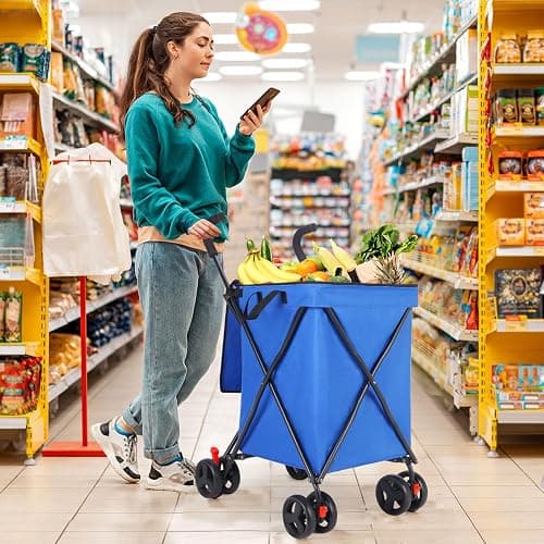 Folding Shopping Cart with Wheels,Foldable Shopping Cart for Groceries,Large Capacity 120lbs Utility Cart,Hulken Bag with Wheels for Laundry Grocery, Baggage, Picnic (Blue) thumbnail 2