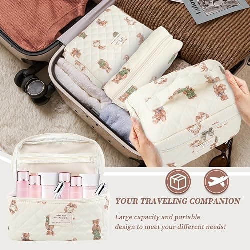 YINGJEE Large Quilted Makeup Bag for Women and Girls, Cute Coquette Floral Cotton Cosmetic Bag, Aesthetic Travel Organized Toiletry Bags (06-beige bears) thumbnail 5