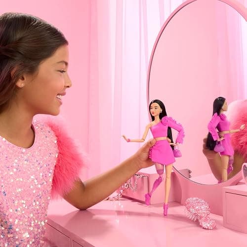 Barbie Deluxe Style Doll #2 in Barbiecore Outfit, Black Hair and Glittery Prosthetic Leg, Pink Top and Skirt Set with Rosette Detail and Accessories thumbnail 2