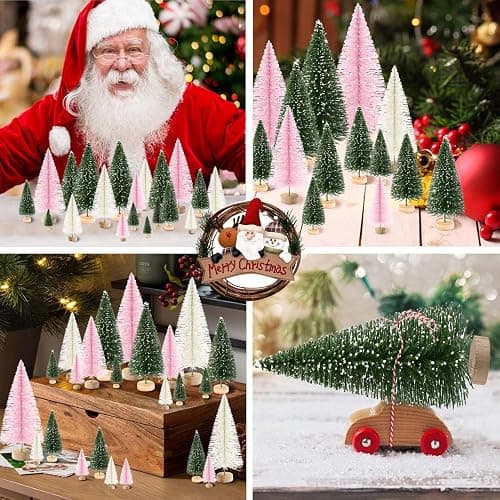 30Pcs Mini Christmas Trees Artificial Christmas Tree Bottle Brush Trees with Wooden Base for Christmas Decor Christmas Party Home Table Craft Decorations(Green+Beige+Pink) thumbnail 7