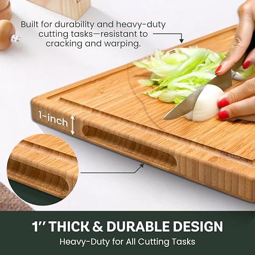 Large Bamboo Cutting Board - 17” Wooden Chopping Block for Kitchen, Charcuterie & Cheese Board with Side Handles and Deep Juice Groove by Bambüsi thumbnail 5