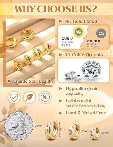 14K Gold Plated Hoop Earrings Set for Women - 3Pairs Chunky 14K Gold Plated Silver Huggie Earrings Small Earrings Lightweight Hypoallergenic MultiColored CZ Hoop Earrings Stacks for Multiple Piercing thumbnail 3