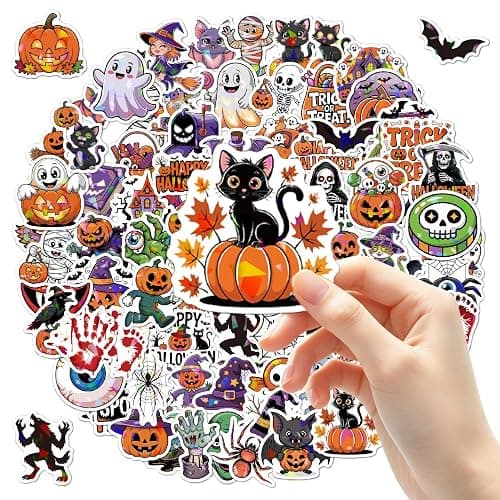 Lovyi 100pcs Halloween Holographic Stickers,Vinyl Halloween Party Favors | Cute Cartoon Pumpkin Ghost Bat Witch Spider Halloween Stickers,Removable Holographic Stickers,Halloween Party Favors - Image 1