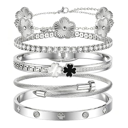 Camhanno Silver Bangle Bracelets for Women - Stainless Steel Stackable Bangles Non-Tarnish Clover Lucky Charm Bracelets, Trendy Gift for Girlfriend/Wife on Christmas Valentine’s Birthday - Image 1