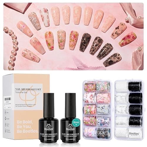 Beetles Nail Foil Glue Gel 2Pcs 15ml with 20 Pcs Lace Flower Butterfly Stickers Transfer White Black Lace Nail Foil Set, LED Lamp Soak Off DIY Manicure Gifts for Women thumbnail 7