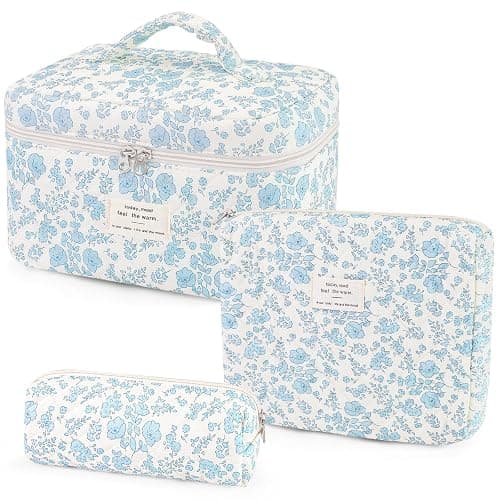 Givurao 3Pcs Cotton Quilted Makeup Bag for Women Girls, Large Floral Cosmetic Bag Set Cute Makeup Brushes Aesthetic Accessories Storage Bag Travel Toiletry Bag Organizer, Little Flower Blue - Image 1