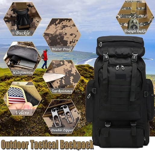 Ziliyy 70L Hiking Backpack for Men, Waterproof Lightweight Camping Backpack, Military Rucksack with Molle, 3-Day Assault Pack for Travel, Climbing, Outdoor Sports(Black) thumbnail 5