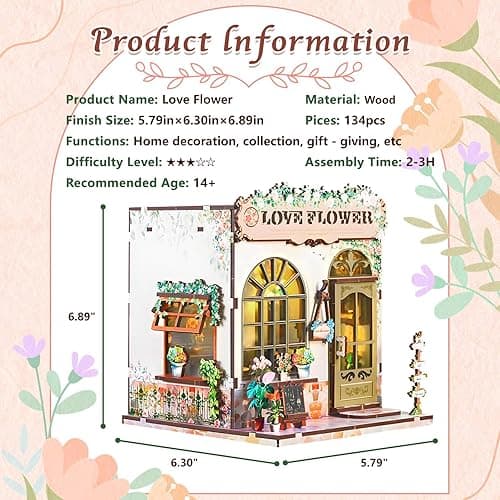 DIY Miniature House Kit, Flower Shop Book Nook Kit, Mini House Building Kit, Miniature Dollhouse Kit for Adults and Teens, 3D Wooden Puzzles with LED Light, Bookshelf Craft Kit for Family and Friends thumbnail 4