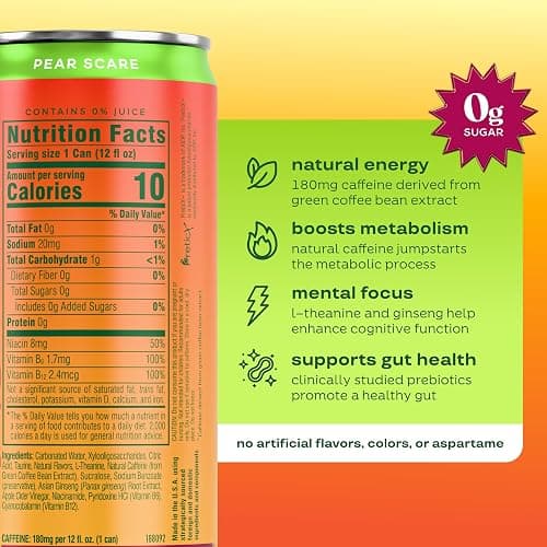 Bloom Nutrition Zero Sugar Energy Drink, Pear Scare, 12oz 12pk | 180mg natural caffeine with prebiotics, green tea extract & lychee for energy, focus and feel-good refreshment. thumbnail 2