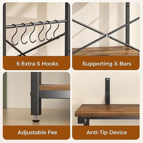 VUSIGN Kitchen Bakers Rack with Power Outlet, 4-Tier Coffee Stand with 6 S Hooks, Adjustable Kitchen Microwave Stand, Appliance Storage Shelf Rack for Spices, Pots and Pans, Rustic Brown,31.5" W thumbnail 7