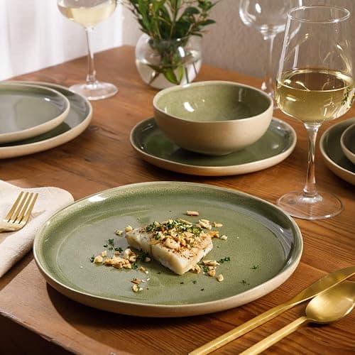 Gibson Elite Manila Bay 12-Piece Stoneware Dinnerware Set, Service for 4, Reactive Glaze Modern Artisan Plates, Bowls & Mugs, Green, Round Design thumbnail 2