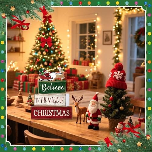 Lineshading 4 Pcs Christmas Table Decorations Wooden Stacked Block Santa | Rustic Farmhouse Block Sign with Believe Message, Tiered Tray Decor for Home Shelf, Xmas Decorations for Mantel Party thumbnail 7