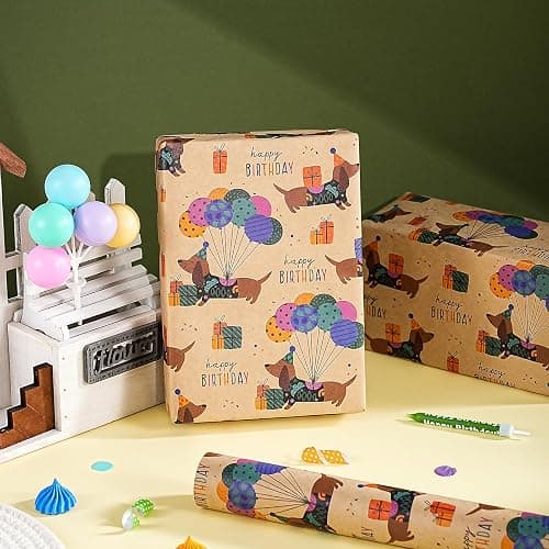 WRAPAHOLIC Kraft Dog Birthday Wrapping Paper Roll - Mini Roll - 17 Inch x 16.5 Feet - Dachshund Dog Wrapping Paper Perfect for Kids Boys Girls Birthday, Dogs Lover thumbnail 4