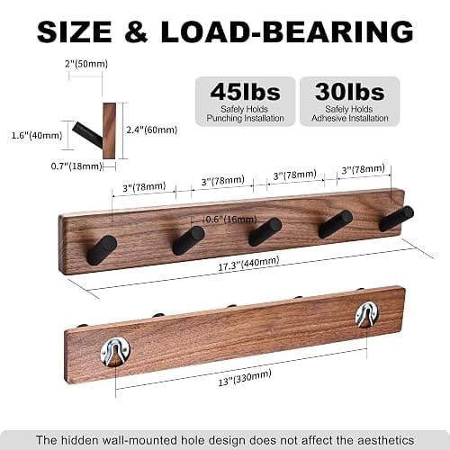 LECHYN 17.3" Small Wooden Coat Rack Wall Mounted with 5 Pegs Hooks, Entryway Wall Hooks Coat Hanger for Hanging Towel Jacket Clothes Hat Backpack Shoe Purse Key Holder Hook Rail by Black Walnut Wood thumbnail 2