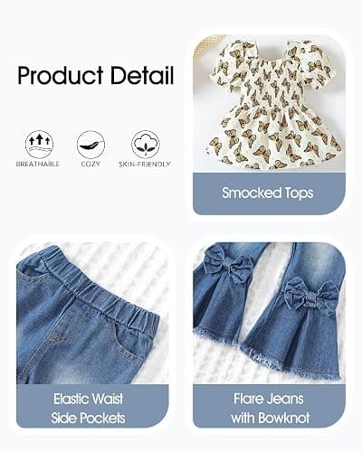 Kucnuzki Toddler Kids Girls Clothes Short Sleeve Shirt Top Flare Denim Jeans 2 Piece Outfits For Girls Cute Clothing Set thumbnail 4