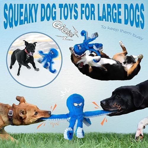 LEGEND SANDY Tough Dog Toys, Stuffed Chew Large Dog Toys to Keep Them Busy, Interactive Squeaky Tug of War Doggie Toy, Crinkle Blue Octopus thumbnail 6