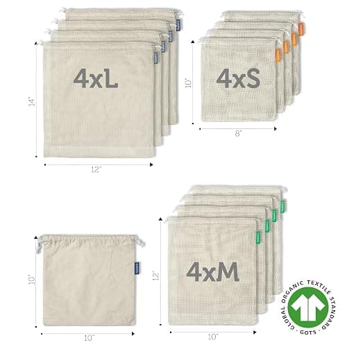 12+1 Reusable Produce Bags Grocery Washable, Organic Cotton Mesh Produce Bags, Double-Stitched & Tare Weigh, Mesh bags for vegetables, Cotton Produce Bags Reusable Washable, Produce bag 4xS, 4xM, 4xL thumbnail 3
