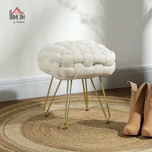 HOMCOM Square Foot Stool, Woven Footrest Ottoman with Metal Legs, Padded Makeup Vanity Stool, Velvet Dressing Table Seat for Bedroom, Cream White thumbnail 2