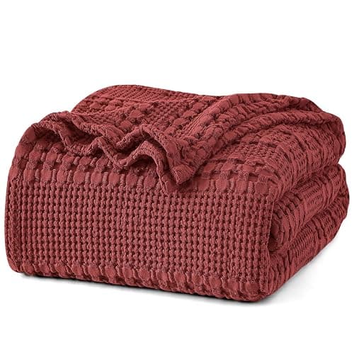 PHF 100% Cotton Waffle Weave Blanket Queen Size for Bed, Soft Lightweight & Breathable for Spring and Summer, All-Season Comfort, Luxury Aesthetic Blanket for Home Decor, 90"x90", Wine Red - Image 1