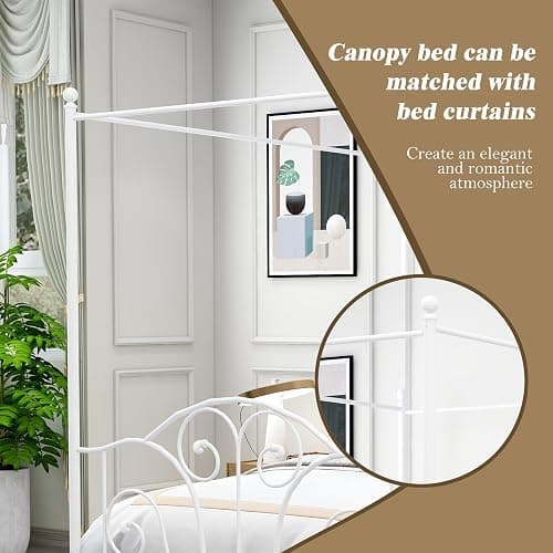 AUFANK Queen Size Four-Poster Metal Canopy Bed Frame with Headboard and Footboard Sturdy Slatted Structure No Box Spring Needed White thumbnail 6