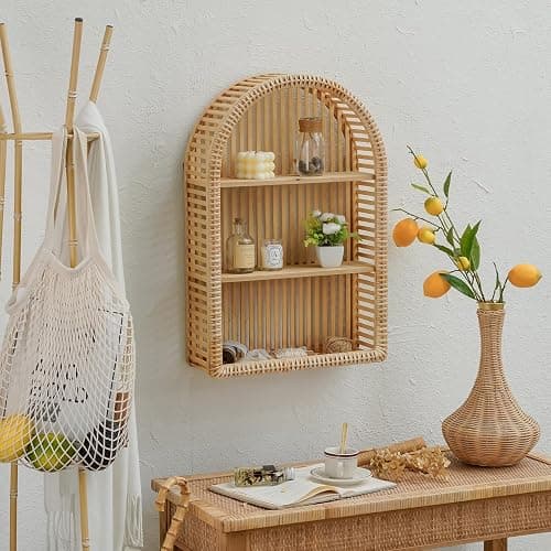 Synovana Rattan Wall Shelf - 3 Tier Boho Arch Hanging Shelves Handcraft Floating Shelf for Bathroom Living Room Wall Decor, 15.75" x 23.62" thumbnail 2