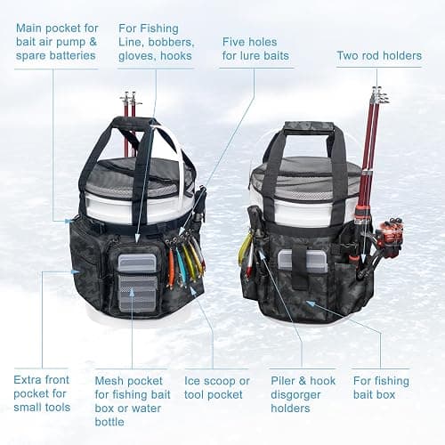 WTVIDAS Fishing Bucket Organizer with Bucket Cover, Ice Fishing Tackle Bag with Rod & Plier Holder, Multi-Pockets for 5 Gallon Bucket Fishing Gear & Accessories thumbnail 2