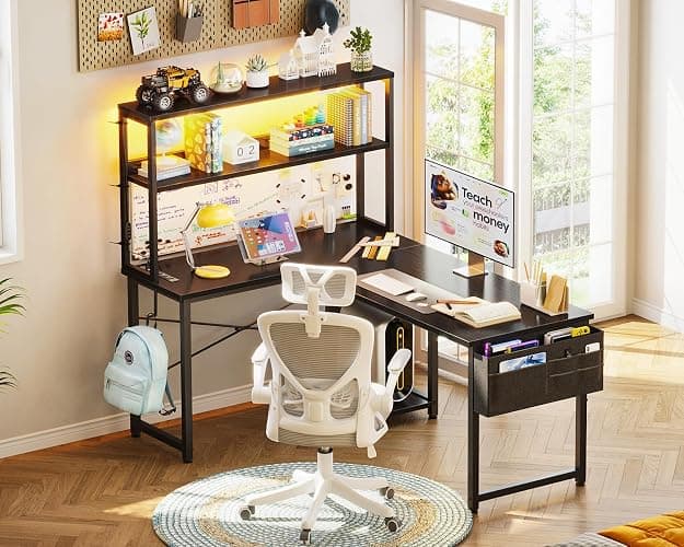 AODK L Shaped Desk Gaming Desk with LED Light & Power Outlet, 43 Inch Reversible L Shaped Computer Table with Shelf, Corner Desk with Storage Bag&Hook for Home Office Desk, Black thumbnail 8