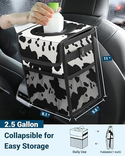Capolo Car Trash Can with Lid, Leakproof Car Trash Bag Hanging Waterproof Automotive Garbage Can with Storage Pockets Mini Vehicle Trash Bin for Back/Front Seat(Cow Print,2.5 Gallon) thumbnail 2