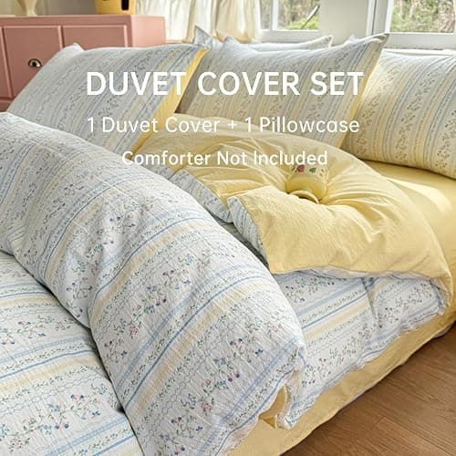 BOLINLIVING Vintage Floral Duvet Cover Twin Size,Kids Girls Blue Striped Flower Duvet Cover Set with Pillowcase, Soft Microfiber Bedding Set for All Season with Zipper Closure and 8 Corner Ties thumbnail 6