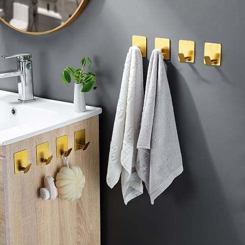 DELITON 8 Pack Gold Wall Hooks - Adhesive Towel Hooks for Bathrooms Kitchen Livingroom Garage, Heavy Duty Hooks for Walls No Damage Command Hooks for Coat Robe Waterproof Stainless Steel - Gold-8 thumbnail 5