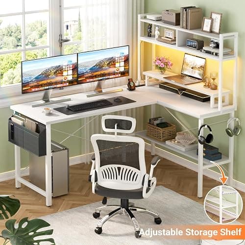 Aheaplus L Shaped Gaming Desk with Power Outlets & LED Lights, Small L- Shaped Desk Computer Corner Desk with Monitor Stand & Storage Shelf, Home Office Desk Writing Desk with Storage Bag, White thumbnail 6