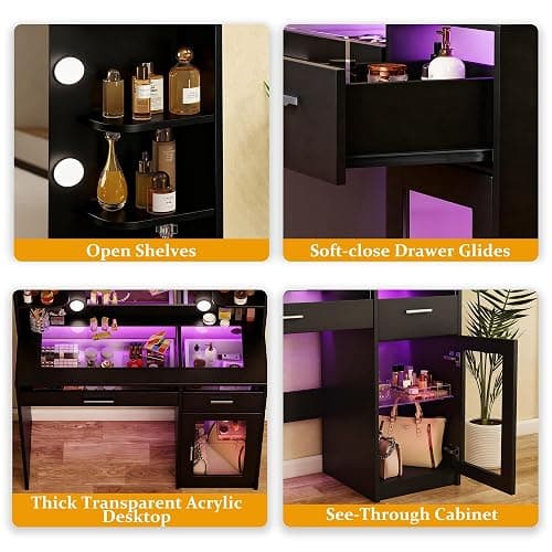 HUAHUU Vanity Desk with Mirror and Lights, Makeup Vanity Desk with Lights 3 Colors, Transparent Top Vanity with 2 RGB Drawers, 6 Shelves, Large Tempered Cabinet, Power Outlet, for Bedroom, Black thumbnail 7